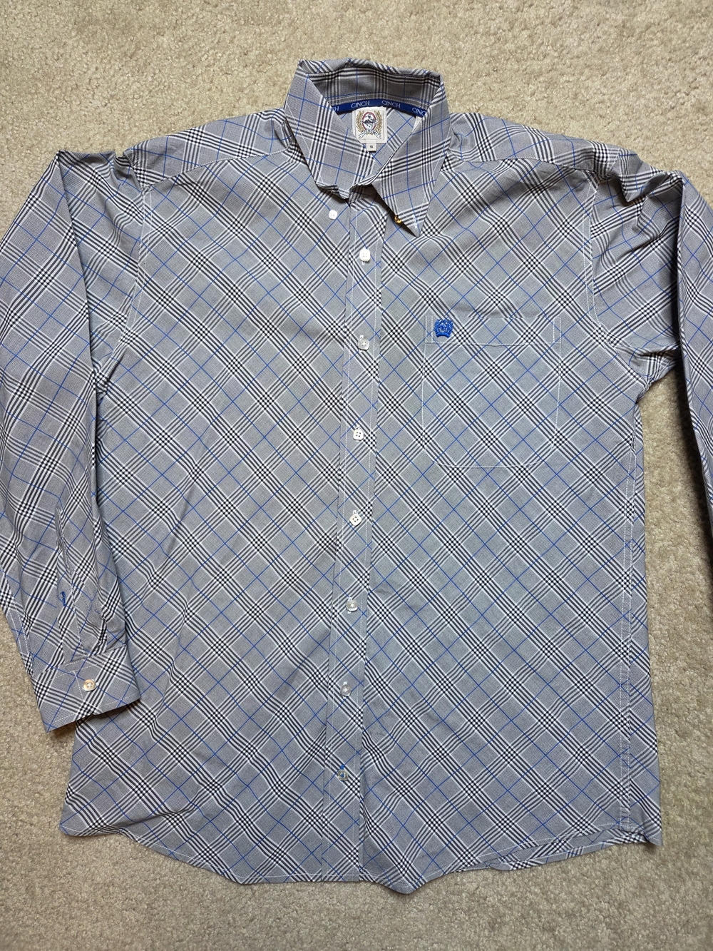 Cinch Mens Plaid Geometric Long Sleeve Western Button Down Shirt S Blue Grey